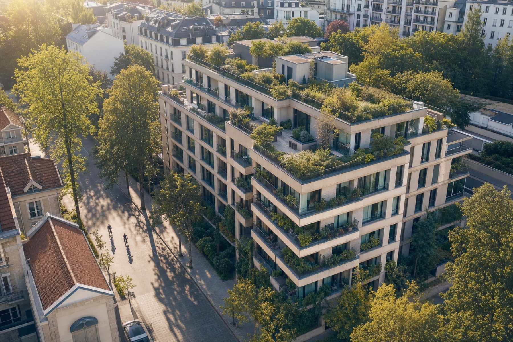 A serviced apartment building with green roof terraces on a tree-lined city street, seen from above