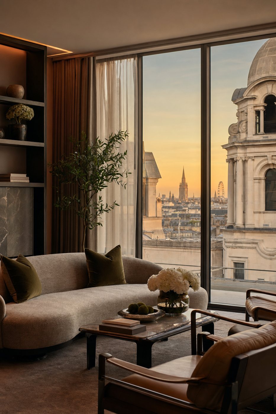 Living room at sunset, looking out over London's rooftops towards the London Eye