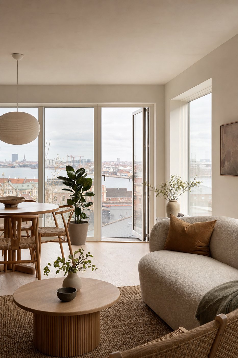 Bright living and dining room with a view across the harbour and Copenhagen's rooftops