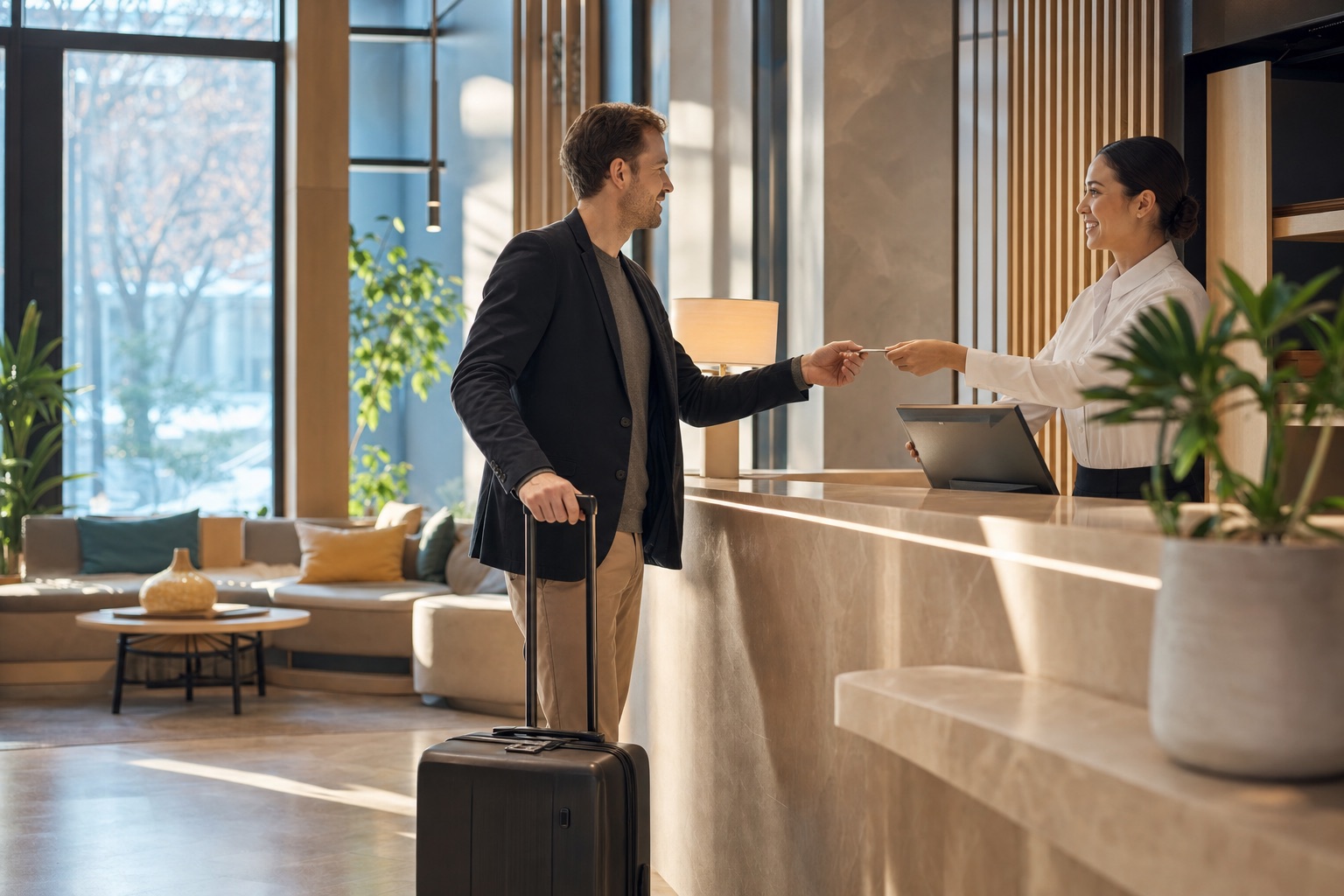 A business traveller checking in at an aparthotel reception desk