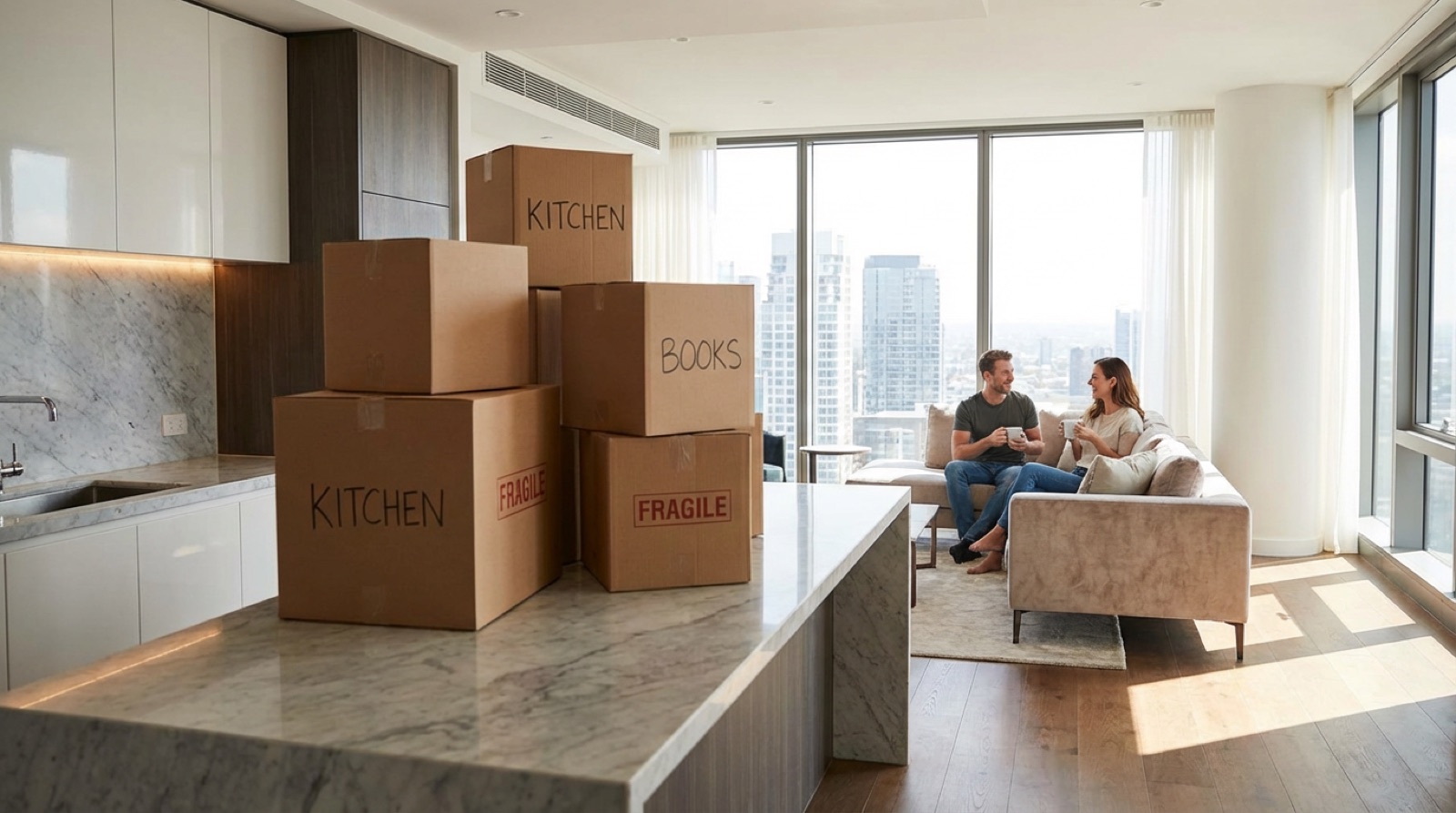 A couple settling into a new apartment among their moving boxes