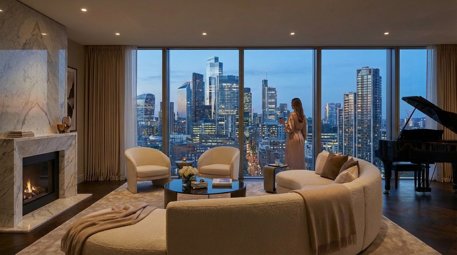 A penthouse living room looking out over a city skyline at dusk